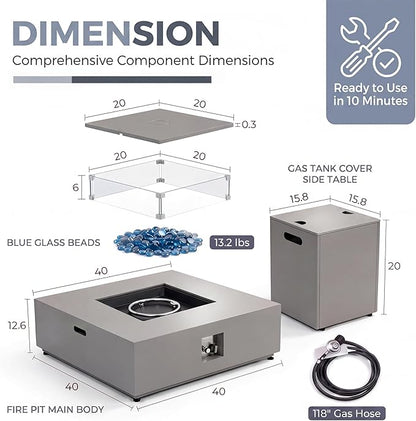 NICESOUL 40" Outdoor Square Propane Fire Pit Table with Hidden Tank Desk, 50,000 BTU Natural Gas Fireplace for Backyard Patio, CSA Certified Firepit with Tempered Glass Guard & Cover, Concrete Grey