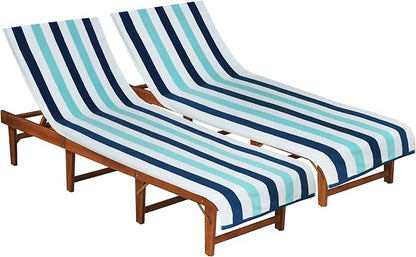 COTTON CRAFT Pool Lounge Chair Cover - 2 Pack Cabana Stripe Chaise Lounge Chair Cover - Soft 100% Cotton Dobby Terry Towel Beach Chair Cover - Oversized 32 W x 82 Length x 7 inch Pocket – Ocean Blue