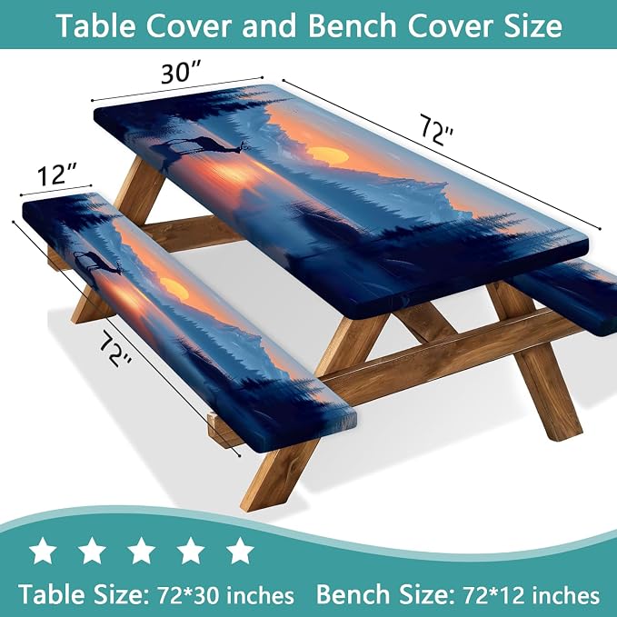 3 PCS Picnic Table Cover with Bench Covers & Storage Bag, Waterproof Fitted Camping Tablecloth with Elastic, 30x72 Inch, Sunset Mountain Lake Deer Forest Print, Indoor Outdoor Patio RV Party Table