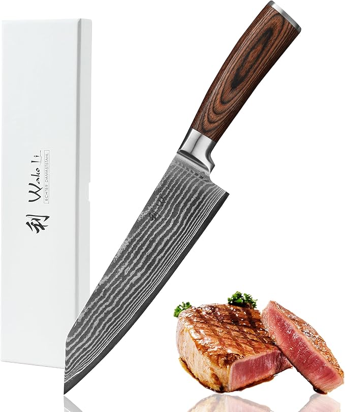 Wakoli EDIB Damascus Kiritsuke Chef Knife – 7.9-Inch Japanese Style Kitchen Knife | Genuine 67-Layer Damascus Steel Blade with VG10 Core | Ergonomic Pakkawood Handle | Professional Cooking Knife