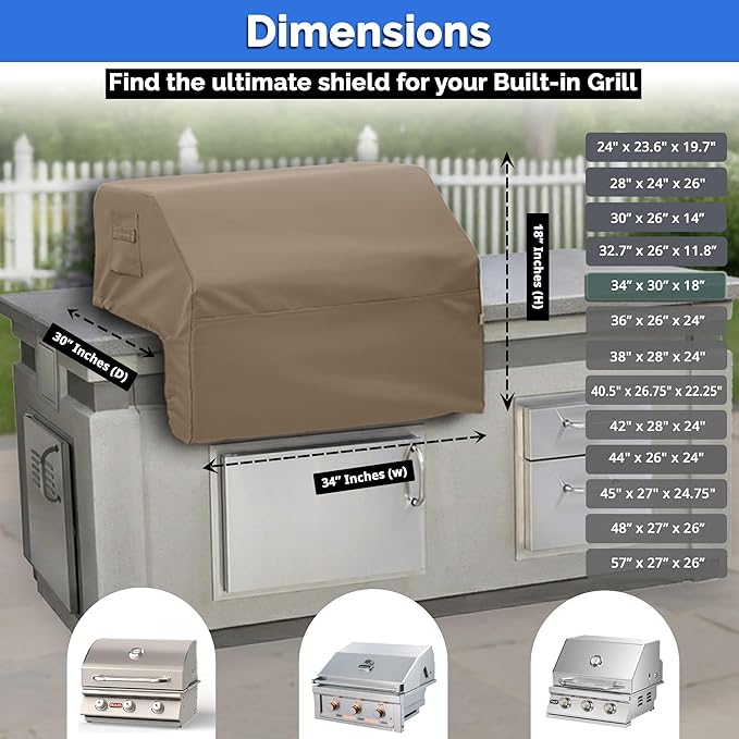 Covers & All Built-in Grill Cover for Outdoor Grill – Heavy Duty 12 oz Waterproof Built-in BBQ Grill Cover, PVC-Coated Polyester with Elastic Hem for Snug Fit (34 x 30 x 18 inches, Beige)
