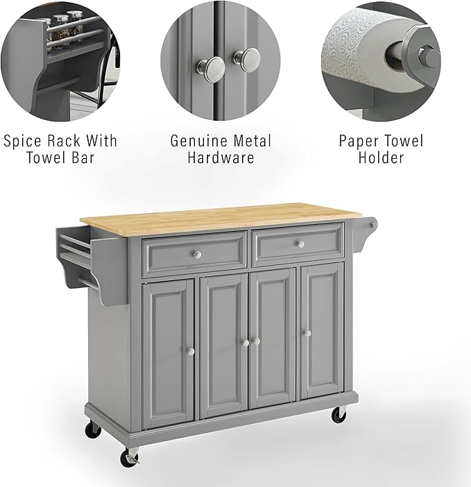 Crosley Furniture Full Size Wood Top Rolling Kitchen Island Storage Cart, Microwave Stand, Spice Rack, Gray