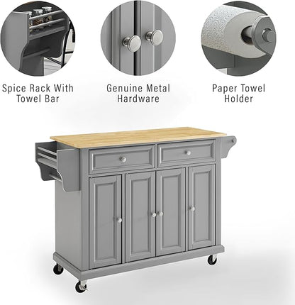 Crosley Furniture Full Size Wood Top Rolling Kitchen Island Storage Cart, Microwave Stand, Spice Rack, Gray