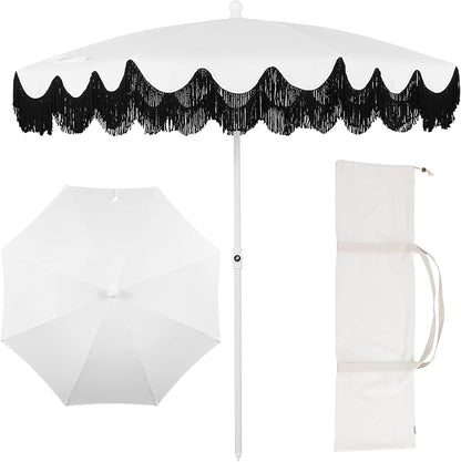 JONATHAN Y Mariner 6.5 ft. Solid Fringe Beach Umbrella, White/Black | Push-Button Tilt, UV 50 Protection, Matching Carry Bag, Iron Pole, Wind Vent, Scalloped Round Canopy