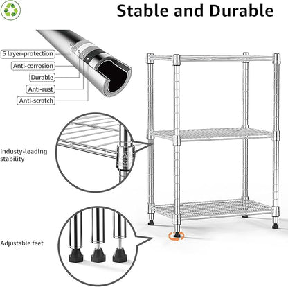 M MZG 450 lbs Wire Storage Shelving 3-Tier Utility Shelving Unit Steel Organizer Wire Rack for Home,Kitchen,Office,Chrome(11.8" D x 17.7" W x 26.4" H)