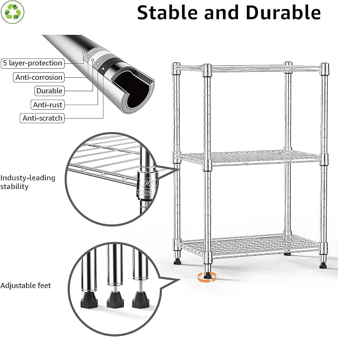 M MZG 450 lbs Wire Storage Shelving 3-Tier Utility Shelving Unit Steel Organizer Wire Rack for Home,Kitchen,Office,Chrome(11.8" D x 17.7" W x 26.4" H) (Pack of 2)