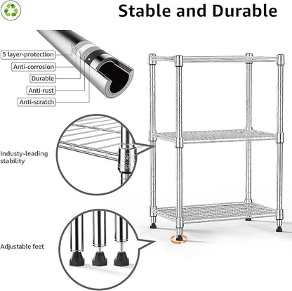 M MZG 450 lbs Wire Storage Shelving 3-Tier Utility Shelving Unit Steel Organizer Wire Rack for Home,Kitchen,Office,Chrome(11.8" D x 17.7" W x 26.4" H) (Pack of 2)