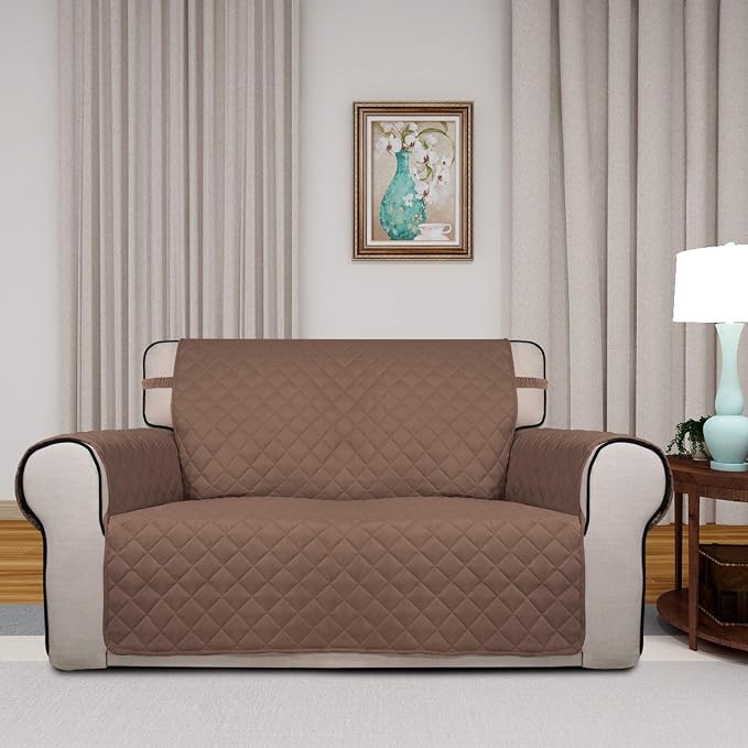 PureFit Reversible Quilted Sofa Cover, Water Resistant Medium Slipcover Furniture Protector, Washable Couch Cover with Non Slip Foam and Elastic Straps for Kids, Dogs, Pets (Loveseat, Brown/Beige) | Brown/Beige, Water Resistant Couch Protector, Washabl...
