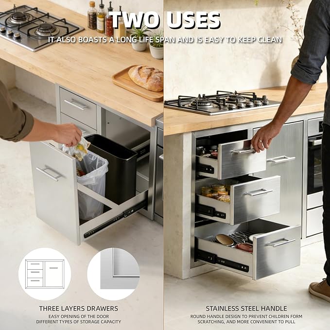 Outdoor Kitchen Drawers Combo Stainless Steel Flush Mount Outdoor Kitchen Cabinets Triple Drawer and Trash Drawer Combo for Outdoor Kitchens & BBQ Islands 28.6" W x 22.6" H x 21.5" D