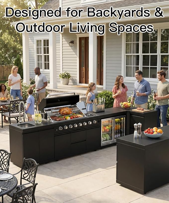 BBQ Outdoor Kitchen Island Grill Barbecue Modular Patio Kitchens Kits with Electric Rotisserie, Sink, fridge, and Burner for More than 15 People