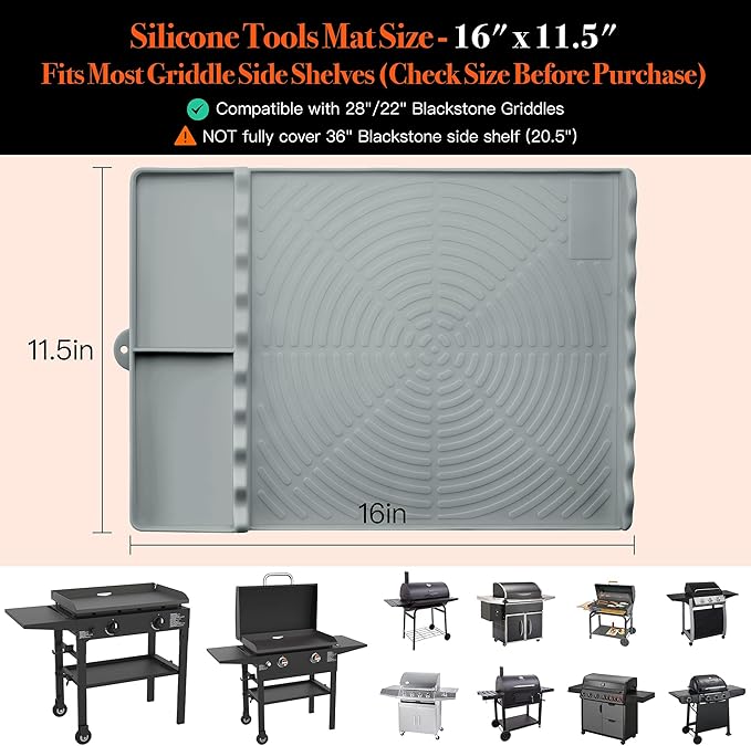 Silicone Grill Mat for Blackstone - BBQ Griddle Tools Side Mat with Drip Pad, Griddle Tools Mat for Outdoor Kitchen Countertop, BBQ Grill Accessories Gifts for Men (Gray-2Pack)