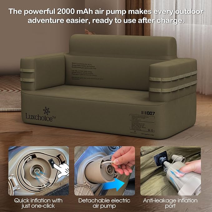 Inflatable Couch Loveseat Camping Couch Built-in Rechargeable Pump Air Sofa | Blow up Couch Durable 1000D Oxford Fabric Outdoor Camping Couch 2 mins Camping Furniture for Backyard RV Travel Movie Night