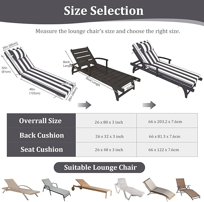 Chaise Lounge Cushions Outdoor Set of 2 Lounge Chair Cushion 80" L x 26" W with Headrest Straps 3'' Thick Waterproof Patio Chaise Cushions Pool Lounger Chair Cushion(Black Stripe)