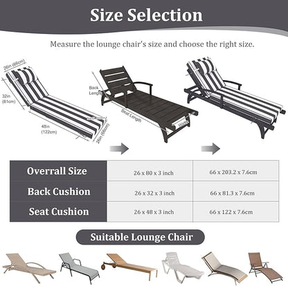 Chaise Lounge Cushions Outdoor Set of 2 Lounge Chair Cushion 80" L x 26" W with Headrest Straps 3'' Thick Waterproof Patio Chaise Cushions Pool Lounger Chair Cushion(Black Stripe)
