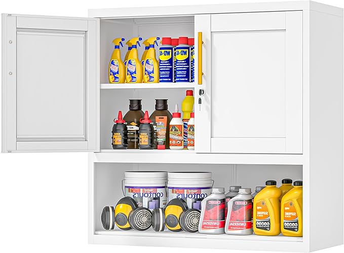 GAIOUS Metal Garage Wall Cabinet with Lock, Wall Mounted Steel Tool Cabinet with Door and Shelf, Medicine Cabinet with Open Area, Hanging Cabinet for Garage Warehouse Bathroom Kitchen, White