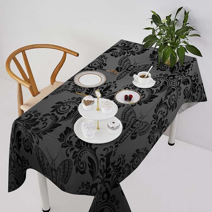Black Damask Tablecloth Gothic Vintage Floral Skull Exotic Moth Antique Table Cloth Water Resistant Wipeable Table Cover for Farmhouse Party Holiday Kitchen Dinner Table 60x90