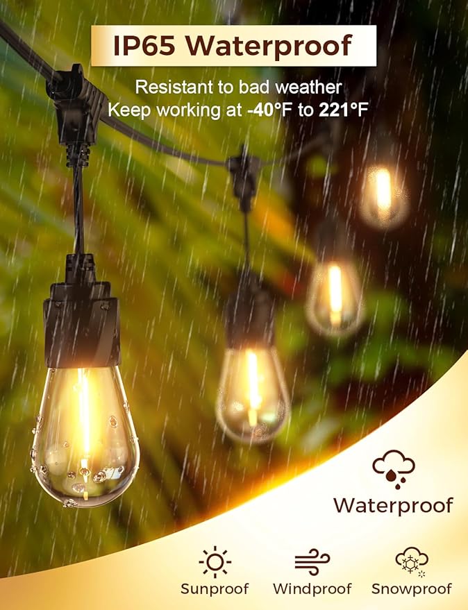 XMCOSY+ Outdoor String Lights, 96FT Patio Lights with 32 LED Bulbs | Shatter-Resistant Build, Waterproof Hanging Lights for Porch, Backyard, Garden, Party and Balcony Decor