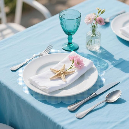 100Pcs Checkered Paper Placemats Light Blue Gingham Place Mats 13.5 Inch Disposable Round Decorative Dining Table Mat with Scalloped Edge Paper Cutouts Decor for Summer Picnic BBQ Table Party Supplies