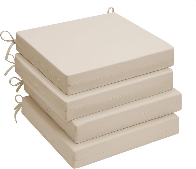 UNIKOME Outdoor Chair Cushions Pack of 4, Water Resistant Patio Cushions with Ties, High Density Sponge Filling Square Corner Seat Cushions for Outdoor Furniture, 24"*24"*4", Beige