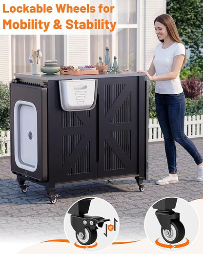 AECOJOY Outdoor Grill Cart Table with Sink, Portable Folding Outdoor Kitchen Island with Storage Cabinet, Stainless Steel Rolling Grill BBQ Food Prep Station with Wheels for Patio, Backyard