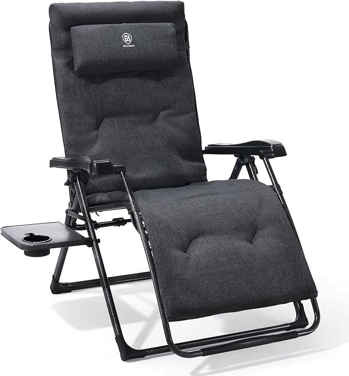 EVER ADVANCED Aluminum Zero Gravity Chair Oversized, 2.4" Thick Padded Reclining Lounge Chair with Adjustable Headrest & Side Table, Heavy Duty Support 350 lbs, Foldable for Outdoor & Indoor, Black