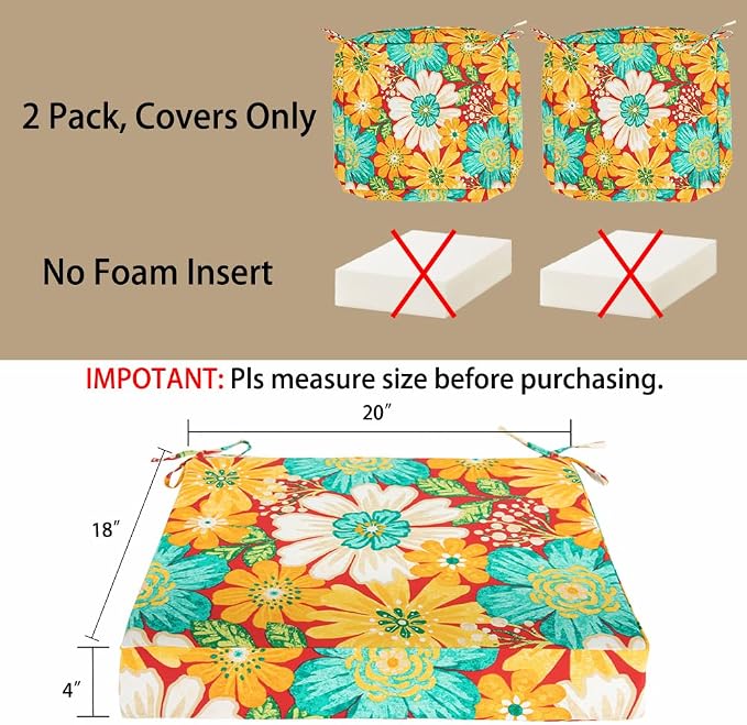 Magpie Fabrics Indoor Outdoor Cushion Cover Replacement 2 Pack, NO Insert! Water Repellent Slipcover with Ties Decor for Patio Garden Chair Sofa Bench Wicker(Embry Red Hibiscus, 20x18x4 Inch)