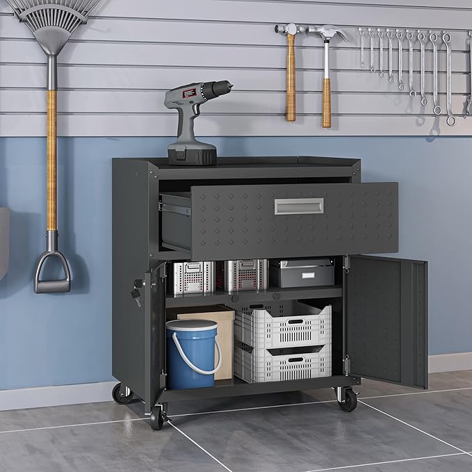 Manhattan Comfort Fortress Rolling Garage Storage Cabinet with Drawer & Adjustable Shelves, Lockable Metal Compartment for Tools, Heavy-Duty Mobile Utility Organizer with Wheels, Charcoal Gray