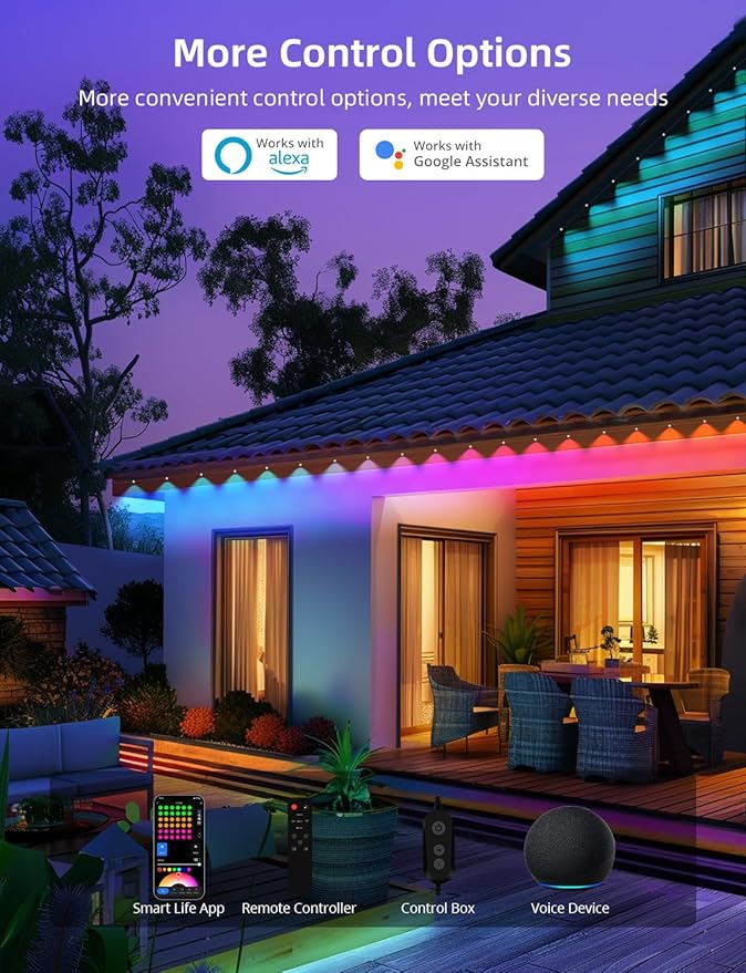 APPECK Permanent Outdoor Lights 50FT with 36 LEDs, Smart Eaves Lights RGBW | Waterproof Outdoor String Lights, 110+ Scene Modes, 40LM Warm White, for Daily/Holiday Decor, App/Voice/Remote Control, Black