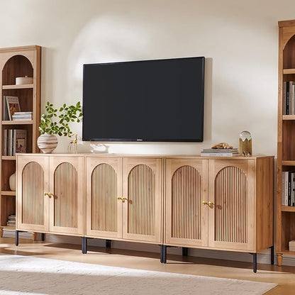 IFBUY Modern Sideboard Buffet Cabinet, 92.63" W Fluted Arched Buffet Cabinet with Storage and Adjustable Shelves, Wooden Modular Coffee Bar Cabinets for Kitchen, Entryway, Natural