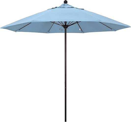 California Umbrella 9' Rd. Venture Series Contract Grade Patio Umbrella, Push Open Pin Stop, Bronze Finish, Sunbrella Air Blue