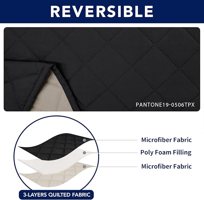PureFit Water Resistant Reversible Loveseat Recliner Cover - Non Slip Furniture Protector for 2 Seat Recliner, Black/Beige | Double with Console, Non Slip Split Sofa Cover, Washable Reclining Cover, Black/Beige