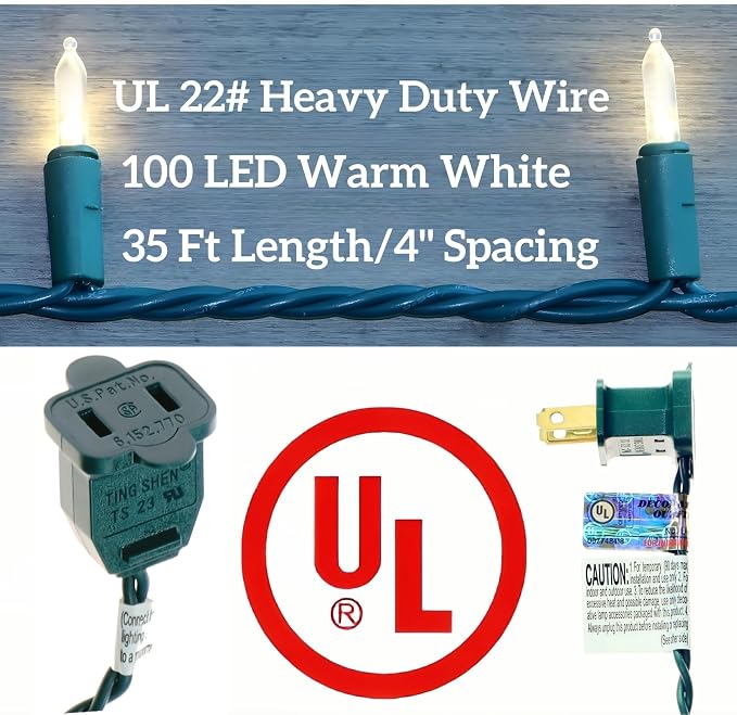 100 LED Warm White Green Wire Christmas String Lights, UL Certified and Commercial Decorative Lighting String 35 Ft, for Indoor Outdoor Christmas Trees, Patio, Trees.
