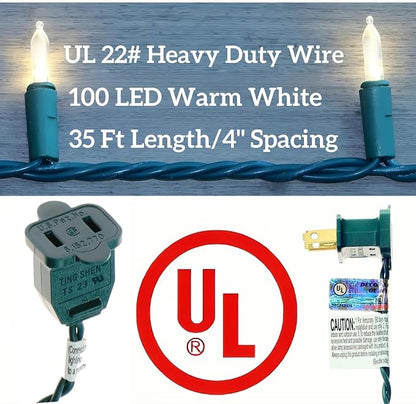 100 LED Warm White Green Wire Christmas String Lights, UL Certified and Commercial Decorative Lighting String 35 Ft, for Indoor Outdoor Christmas Trees, Patio, Trees.
