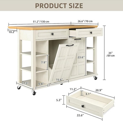 DWVO Kitchen Island with Drop Leaf, Tilt Out Trash Can Cabinet, Mobile Storage Islands with Power Outlet, Americana Rolling Island Table on Wheels with Open Shelves for Dining Room, Off White