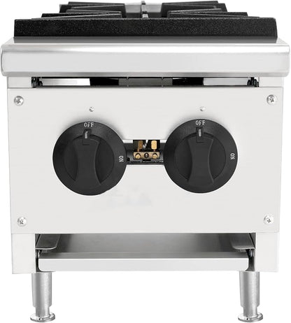 Commercial Countertop Gas Hot Plate Burner,NG LP Convertible Stove with Independent Controls,Standing Pilot Ignition,Cast Iron Grates,Adjustable Legs for Restaurant Prep Cooking (Silver,2 Burner)