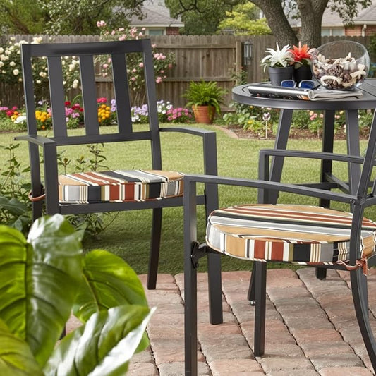 Set of 2 Outdoor 18 inch Round Patio Dining Chair Pads – Comfortable Fiber-Filled Seat Cushions with Ties, Reversible Polyester Fabric - Brick Stripe
