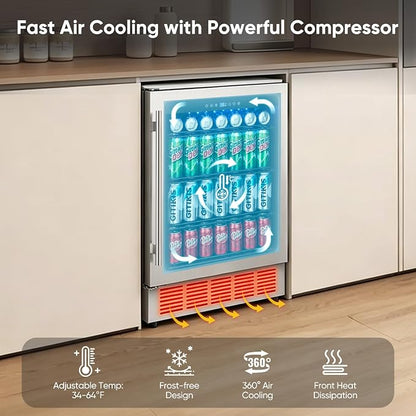 24 Inch Outdoor Beverage Refrigerator Built-in Patio Fridge | Under Counter drink Cooler with Stainless Steel Door, Digital Control, Quiet Cooling System for Backyard, Outdoor Kitchen