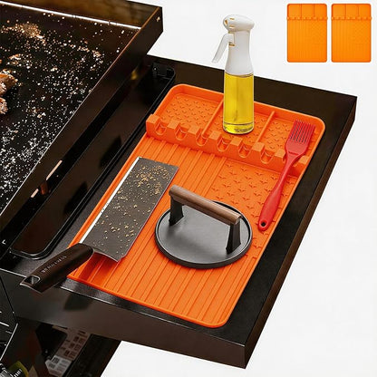 2 PCS Silicone Grill Mat Compatible with Blackstone, BBQ Griddle Tools Mat with Drip Pad, Spatula Mat for Outdoor Kitchen Counter, Gifts for Men (orange-2)