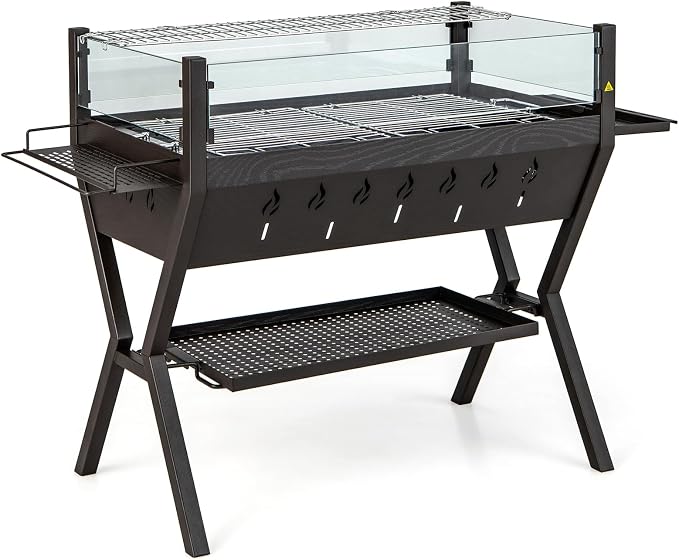 Giantex Charcoal Grill with Transparent Glass Wind Guard, Heavy Duty BBQ Grill Campfire Pit, Fire Bowl, Side Spice Racks, Bottom Storage Shelf, for Outdoor Cooking Backyard Barbecue Party