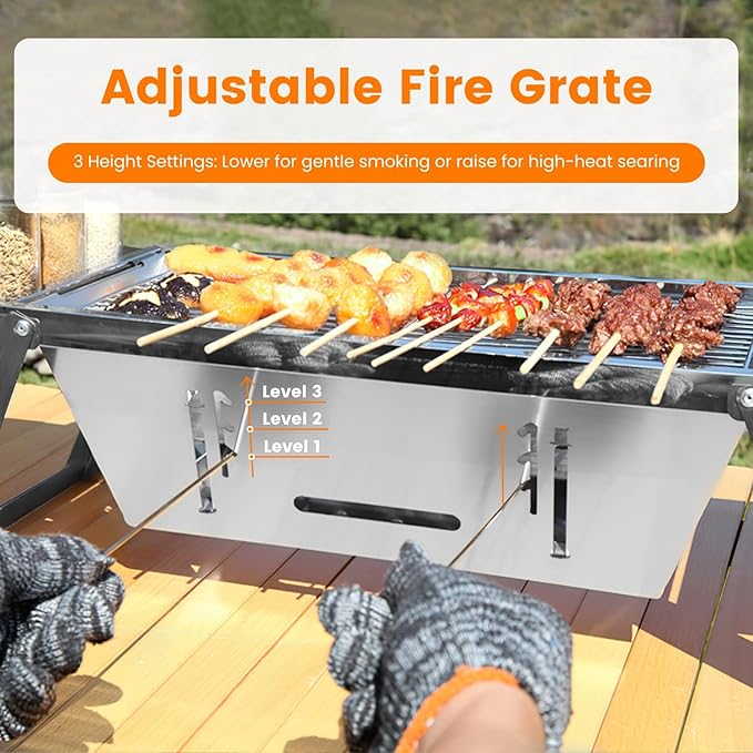 3-in-1 Portable Charcoal Grill Foldable Camping BBQ, Tabletop Stainless Steel Grill with Adjustable Fire Grate & Carry Bag for Outdoor, Picnic, Backyard (10.63x7.01in Cooking Area)