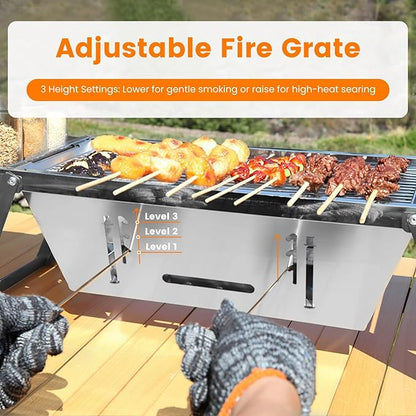 3-in-1 Portable Charcoal Grill Foldable Camping BBQ, Tabletop Stainless Steel Grill with Adjustable Fire Grate & Carry Bag for Outdoor, Picnic, Backyard (10.63x7.01in Cooking Area)