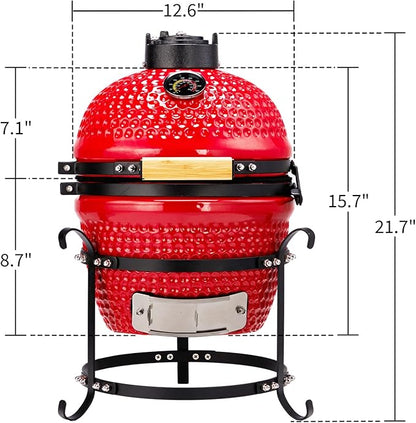 13" Portable Ceramic Grill Round Charcoal Barbecue Grills w/Thermometer and Grill Stand, Compact BBQ Grills for Garden Backyard Party Picnic Hiking Travel Outdoor Cooking Use, Easy to Assemble (Red)