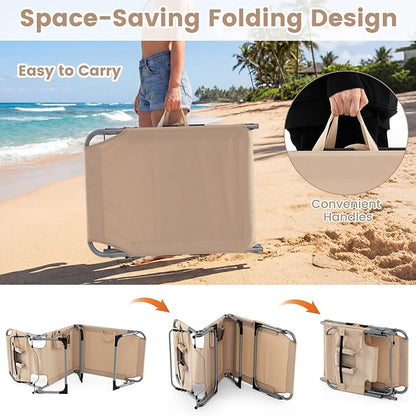 COSTWAY Tanning Chair with Face Hole, Folding Beach Lounge Chair with 4-Position Adjustable Backrest, Pillow & Side Pocket, Foldable Chaise Lounge Chair Outdoor for Sunbathing, Camping (2, Beige)