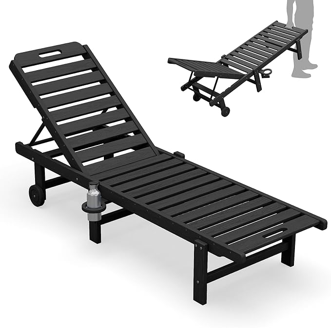 SERWALL HDPE Outdoor Chaise Lounge with Cup Holder & Wheels, Black | Weather-resistant chaise lounge resists fading, with 5-level adjustable back, cup holder and wheels.