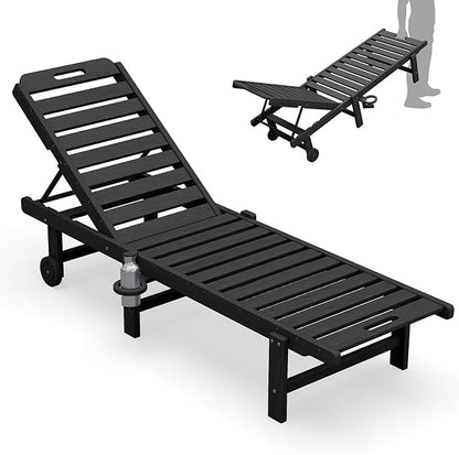 SERWALL HDPE Outdoor Chaise Lounge with Cup Holder & Wheels, Black | Weather-resistant chaise lounge resists fading, with 5-level adjustable back, cup holder and wheels.