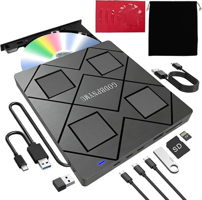 External CD/DVD Drive for Laptop, 8-in-1 USB3.0 DVD Player | Compatible Windows 11/10/8/7 Linux macOS, 2 USB-A & 2 USB-C Ports, TF/SD Card Reader, Includes 4 Disc Sleeves+Carrying Pouch