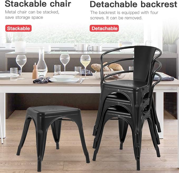 FDW Dining Chairs Set of 4 Metal Chair For Indoor, Outdoor, Patio, Kitchen, 18 Inch Seat Height Restaurant Chair, Tolix Side Stackable Bar Chairs 330LBS Weight Capacity,Black