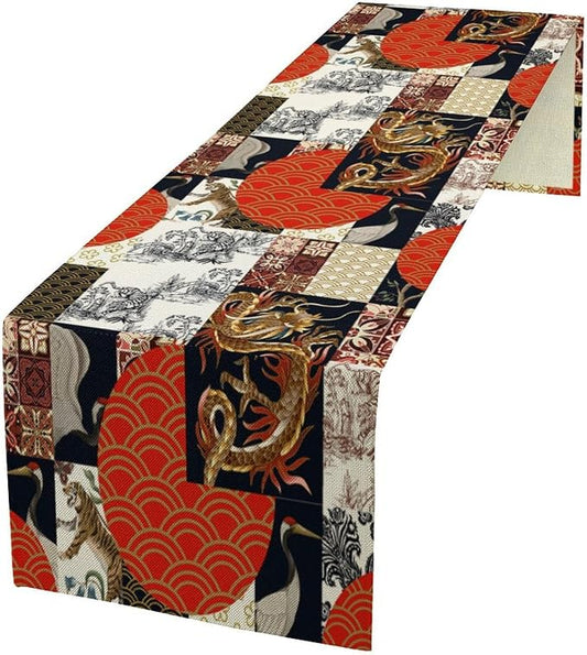 Japanese Table Runner Asian Traditional Dragon Tiger Pattern Patchwork Dinner Runner for Farmhouse Kitchen Dinner Table Haliday Party Decoration 13x36in