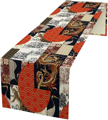 Japanese Table Runner Asian Traditional Dragon Tiger Pattern Patchwork Dinner Runner for Farmhouse Kitchen Dinner Table Haliday Party Decoration 13x60in