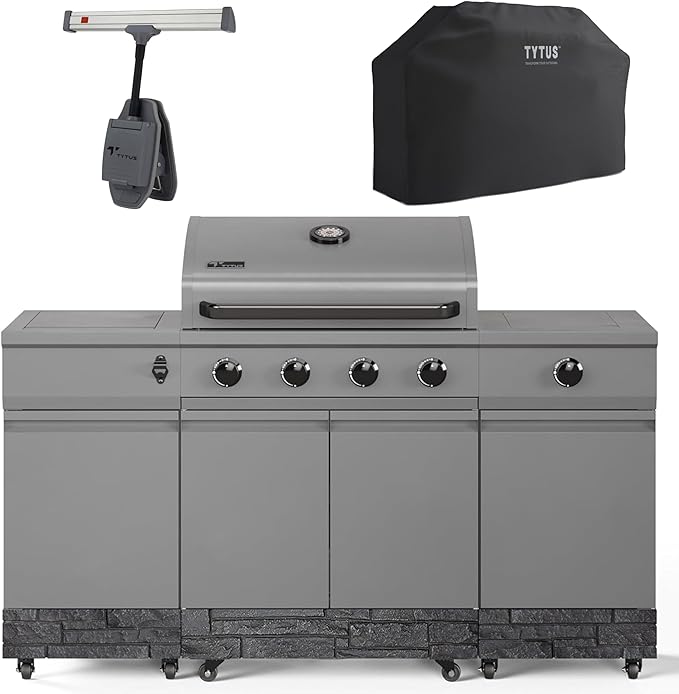 Tytus Fresno 5-Burner Propane or Natural Gas Island Grill – 864 sq. in. Cooking, 48,000 BTU Main + 12,000 BTU Side Burner, Porcelain Grates, Storage Cabinets, Semi-Portable - GM/Graphite Starter Kit
